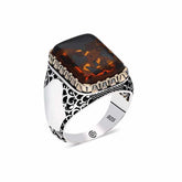 Silver Tightened Amber Stone Square Men's Ring